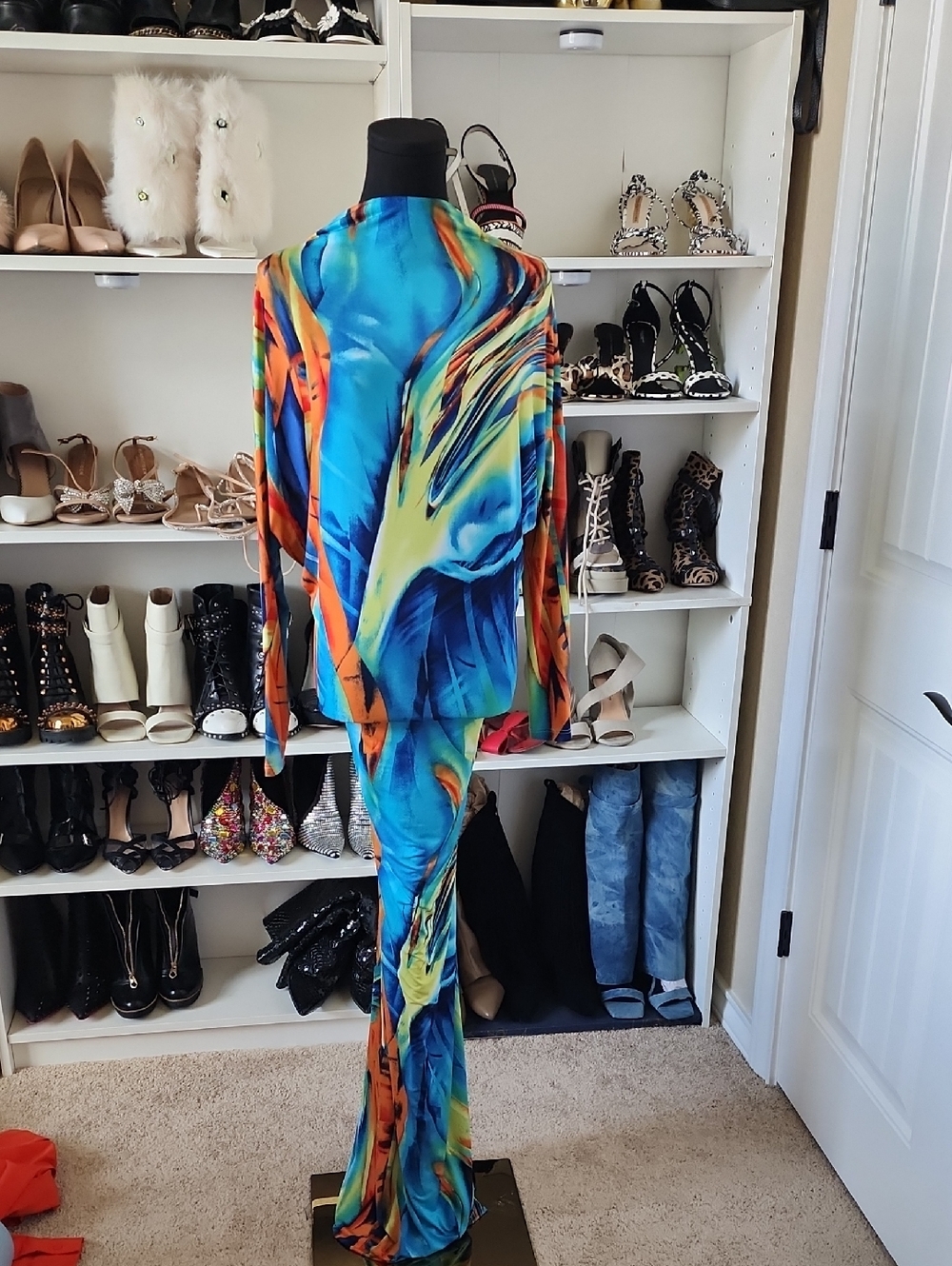 Vibrant Blue Multicolor Abstract Maxi Dress